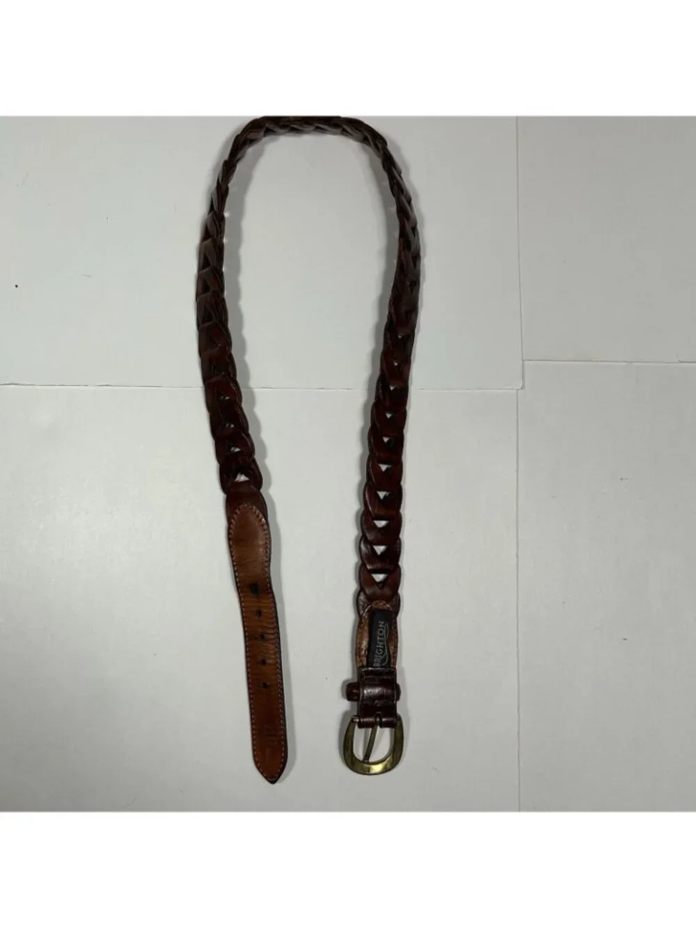 Vintage 1990’s Brighton Brown Braided Leather Belt 9120 Brass Buckle Women Sz 36